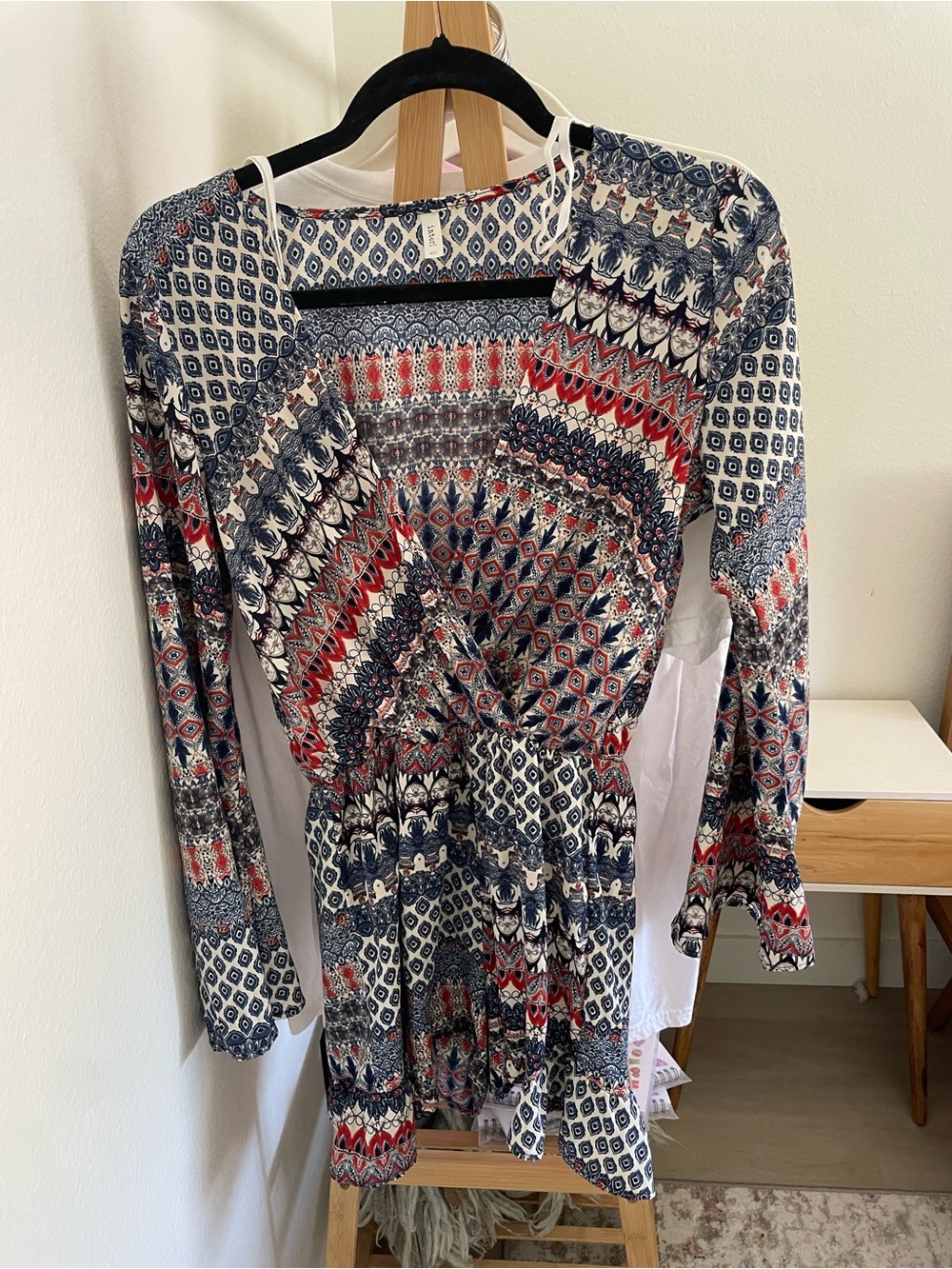 interi Long Sleeve Bell Sleeve Boho Print Romper Shorts - Aztec - Geometric